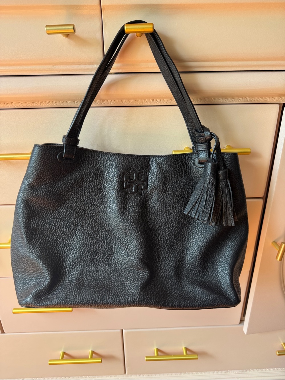 Tory Burch Black Pebbled Leather Tote with Tassel